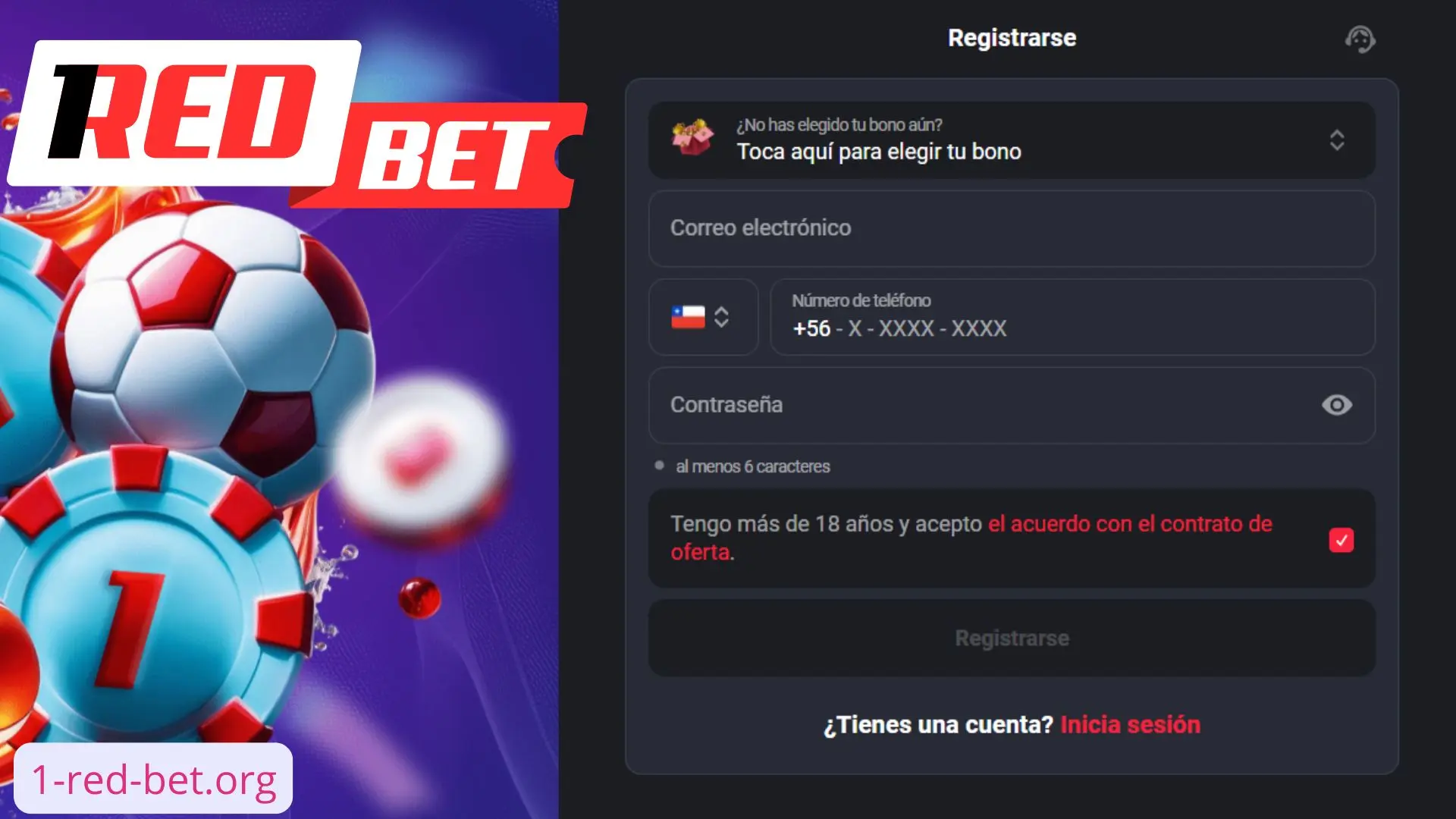 Formulario de registro de 1RedBet Chile con correo electrónico, teléfono y contraseña