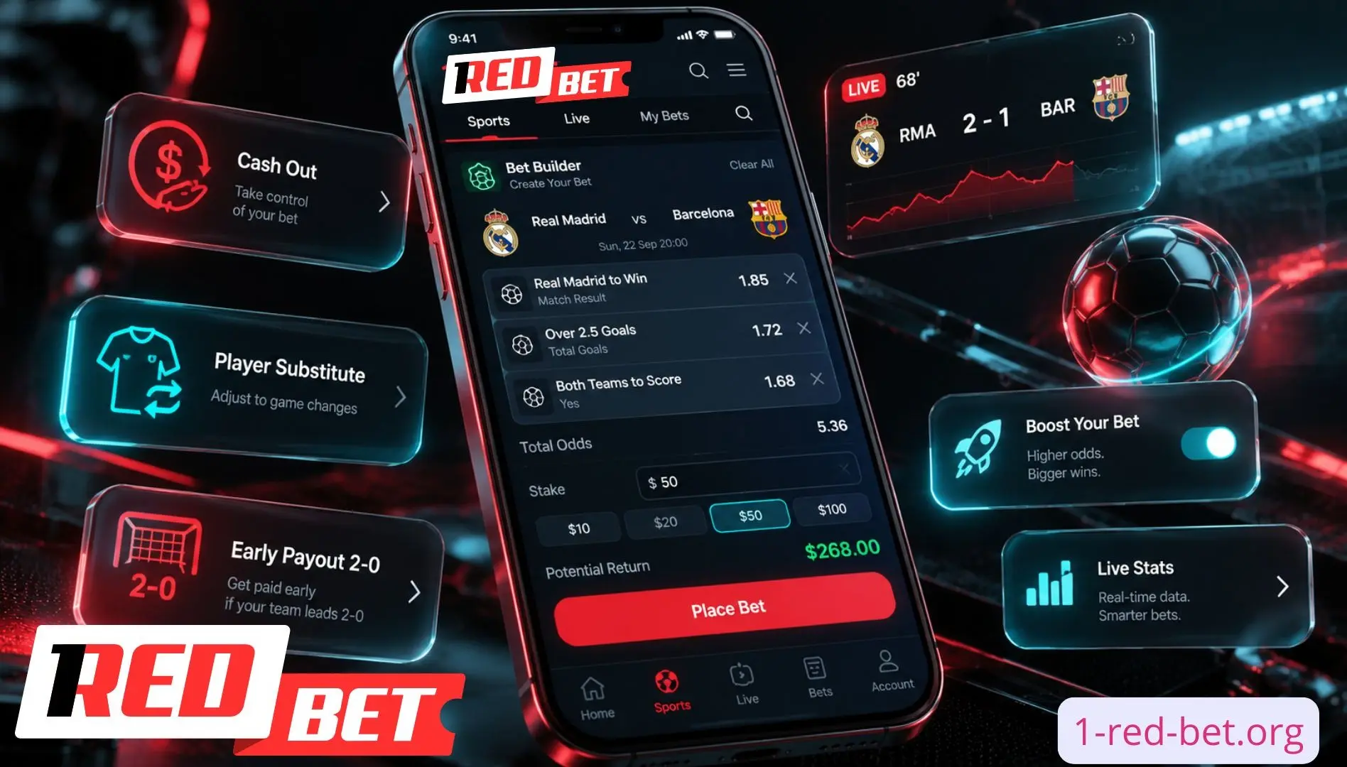 Herramientas de apuestas deportivas de 1RedBet con Bet Builder y Cash Out